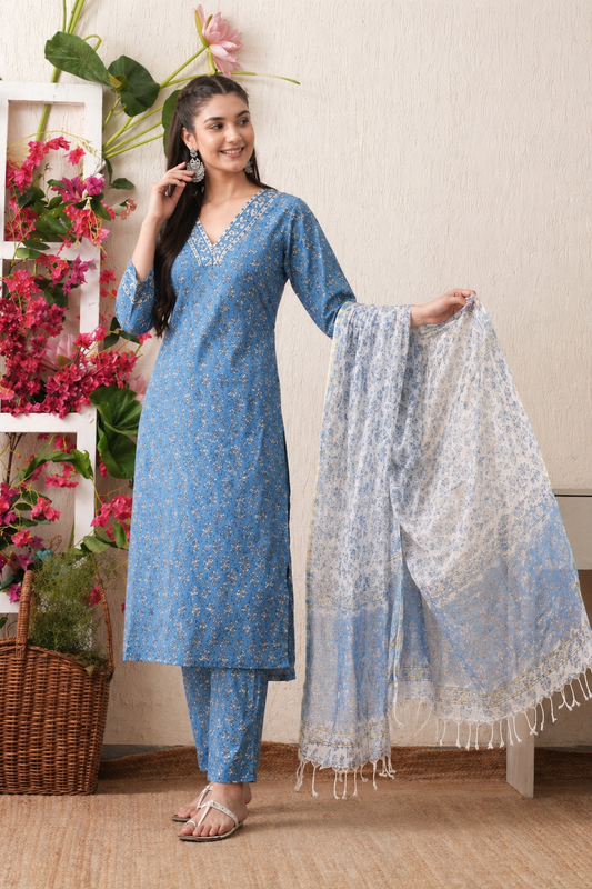 Hand-block Printed Cotton Set With Kota Doria Dupatta 3pc Ready-to-wear