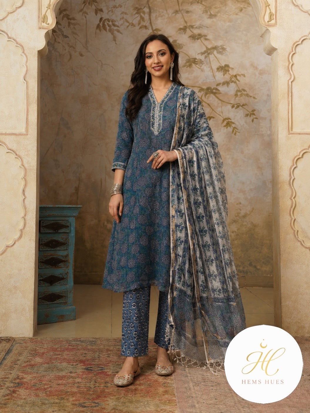 Hand-block Printed Kota Doria 3pc Set Ready-to-wear