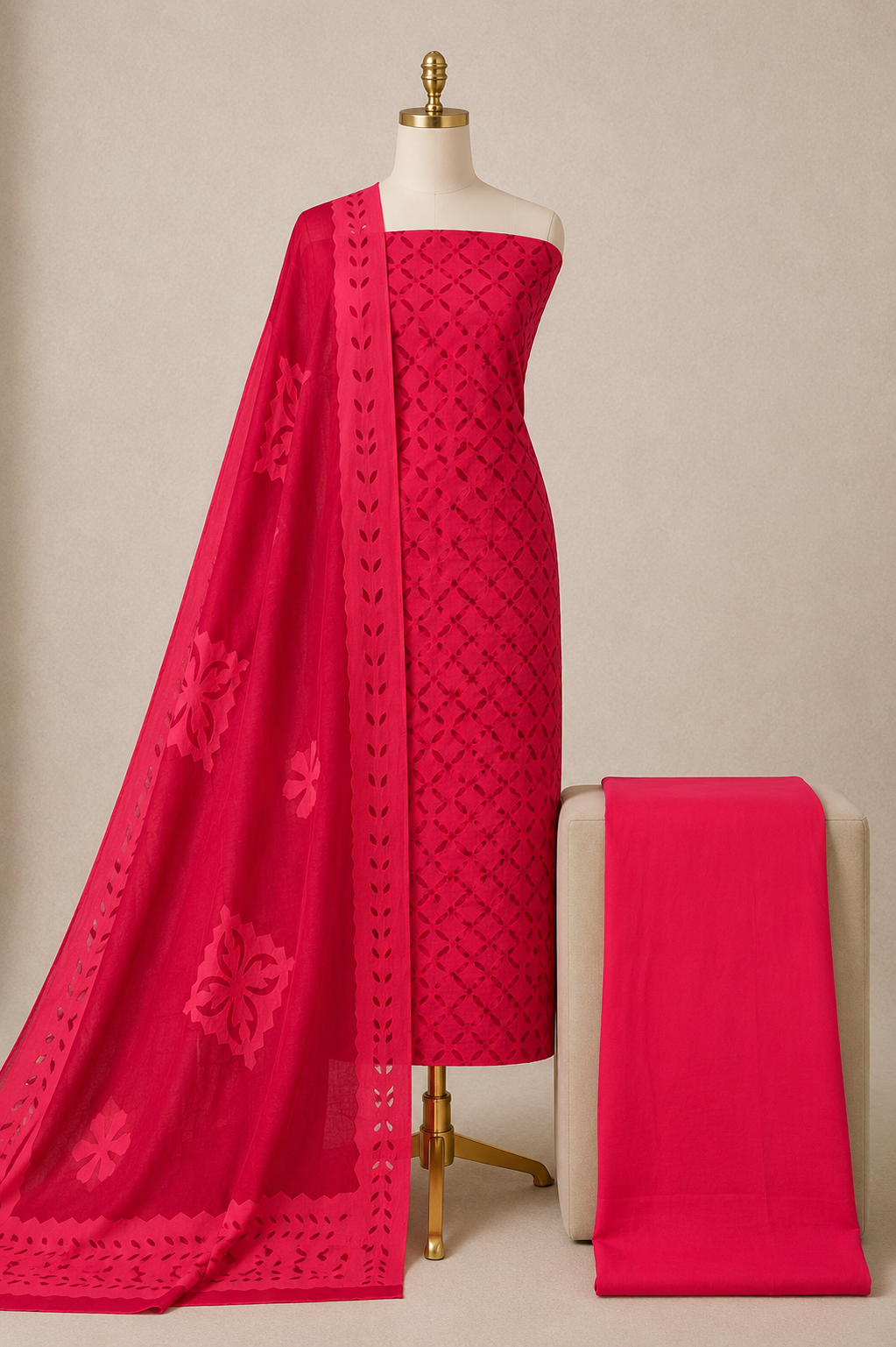 Cotton Sindhi Applique 3 pc  Unstitch Dress Material