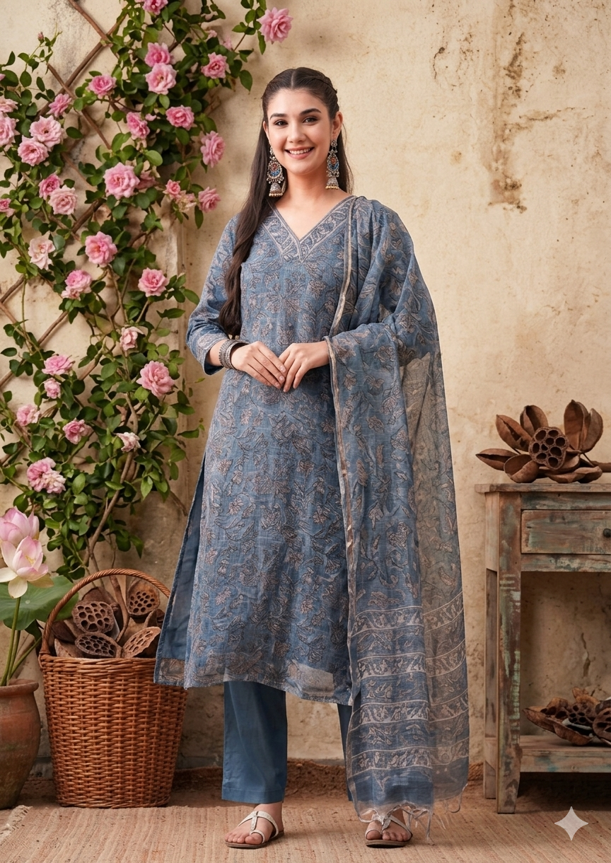 Hand-block Printed Kota Doria 3pc Ready-to-wear