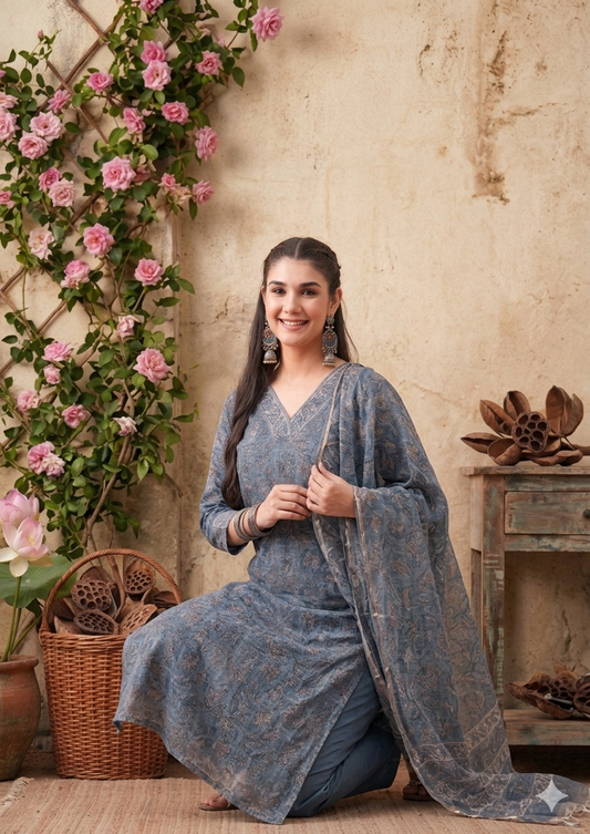 Hand-block Printed Kota Doria 3pc Ready-to-wear