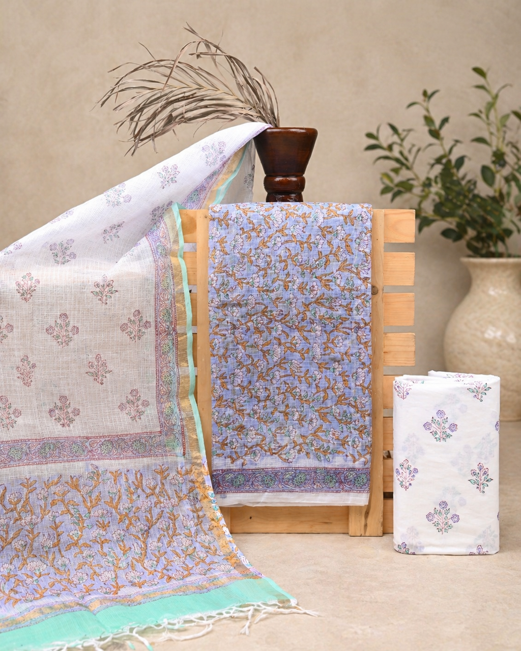 Hand-block Printed Kota Doria 3pc Unstitched Dress Material