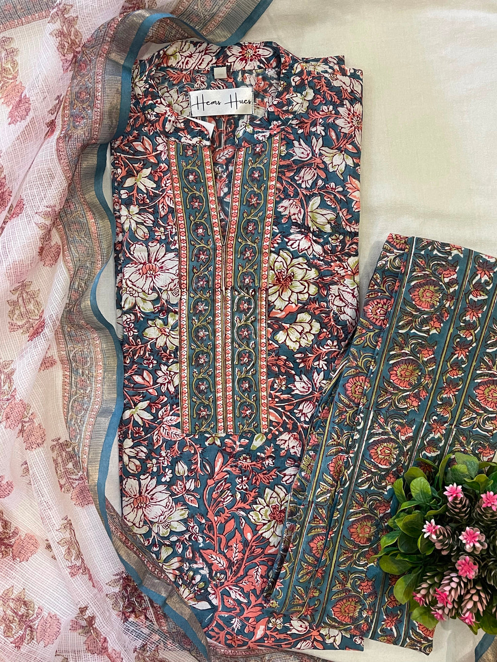 Hand-block  Printed Cotton suit Set With Kota Doria Dupatta