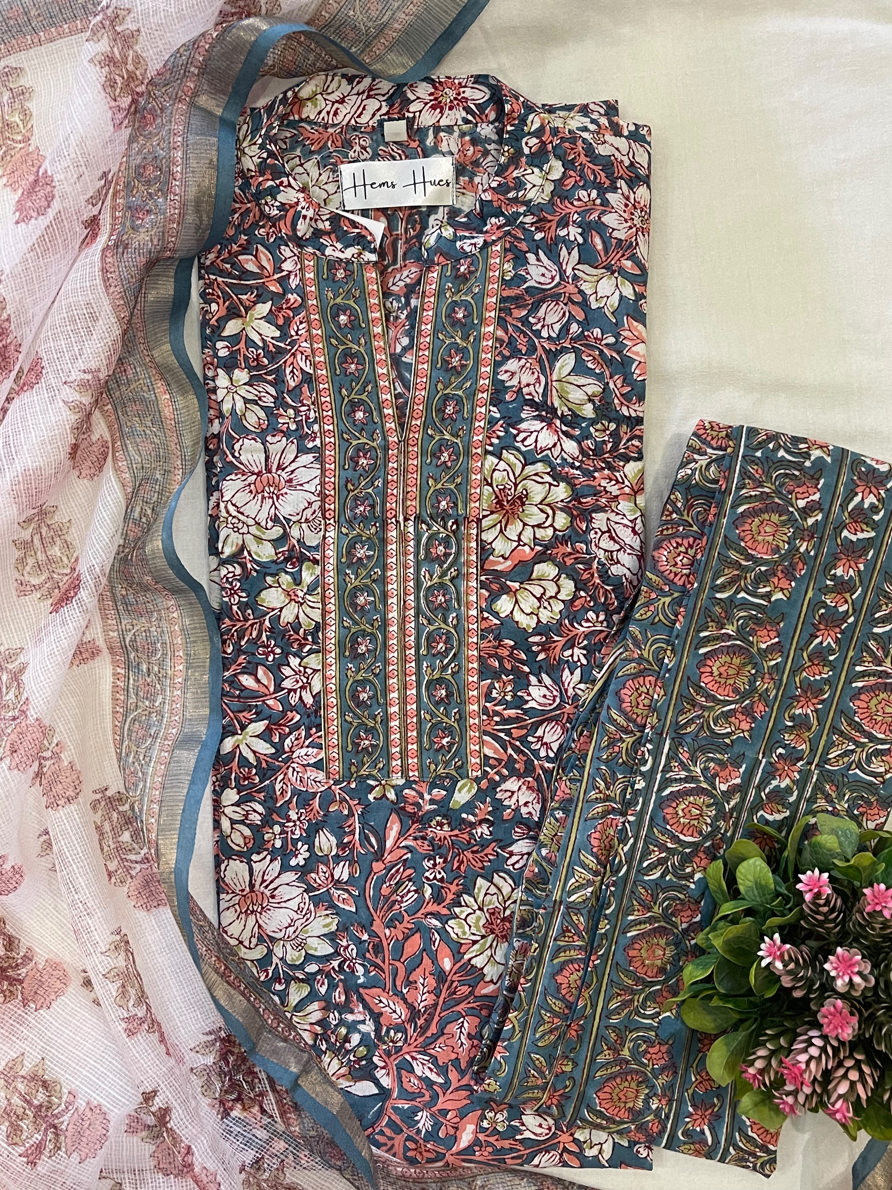 Hand-block  Printed Cotton suit Set With Kota Doria Dupatta