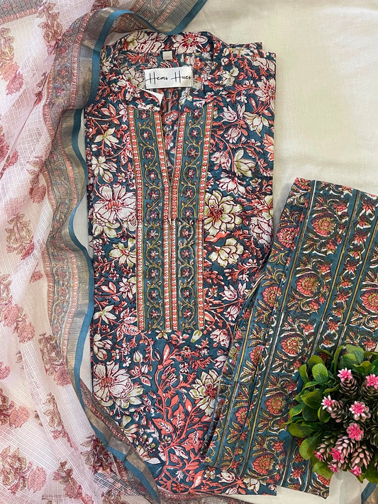 Hand-block  Printed Cotton suit Set With Kota Doria Dupatta