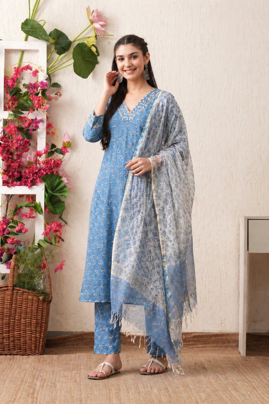 Hand-block  Printed Cotton Set With Kota Doria Dupatta 3pc Ready-to-wear