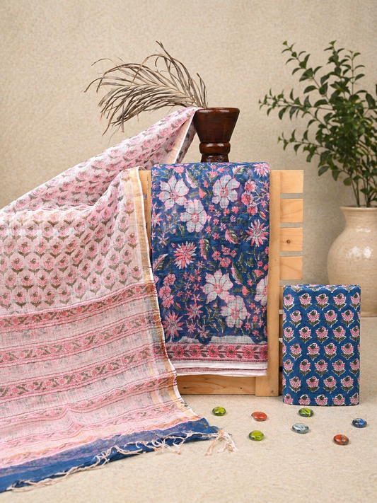 Hand-block Printed Kota Doria 3pc Unstitched Dress Material