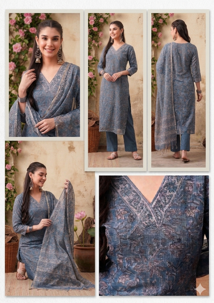 Hand-block Printed Kota Doria 3pc Ready-to-wear
