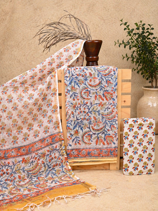 Hand-block Printed Kota Doria 3pc Unstitched Dress Material
