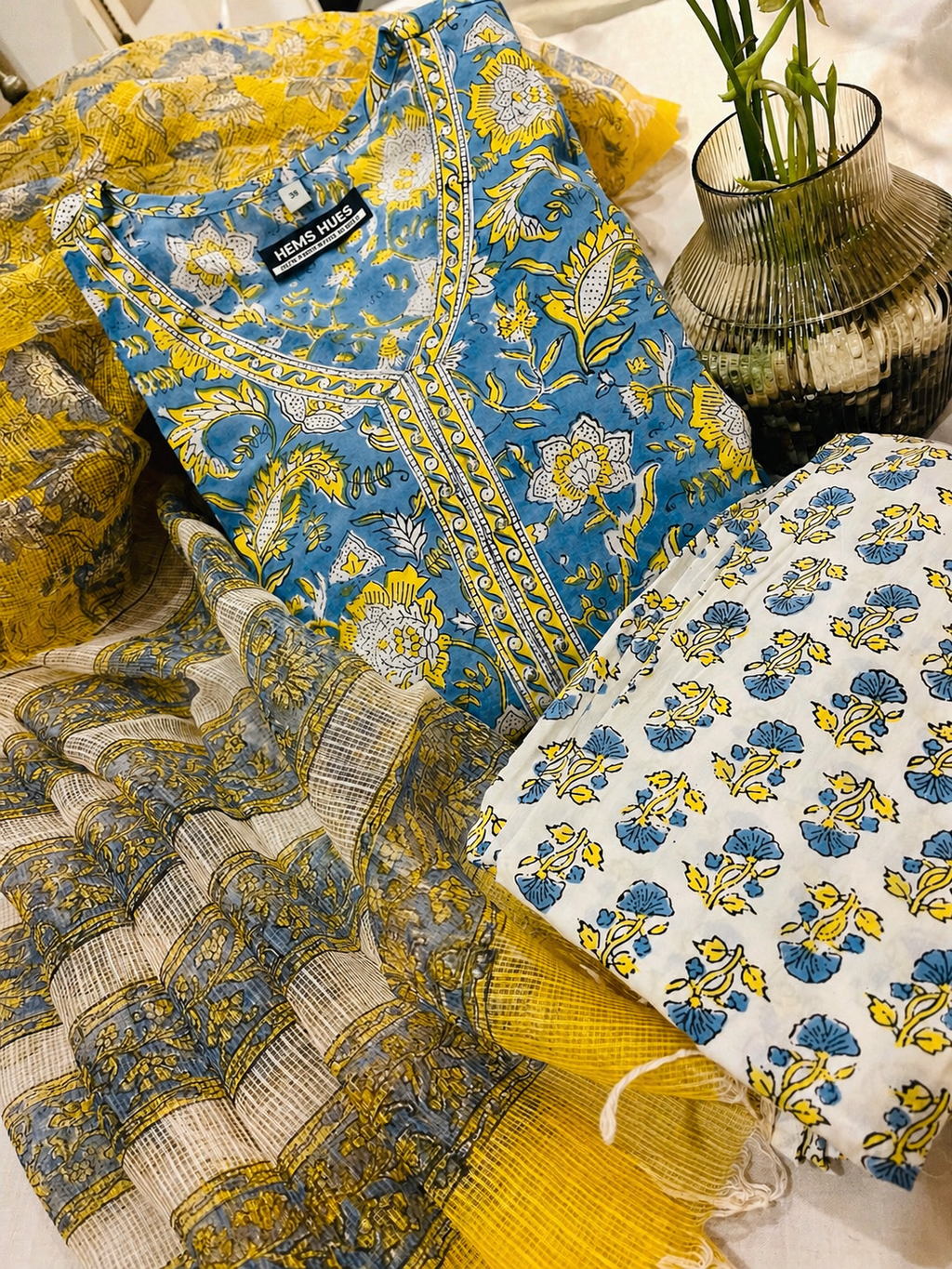 Hand-block  Printed Cotton Set With Kota Doria Dupatta 3pc Ready-to-wear