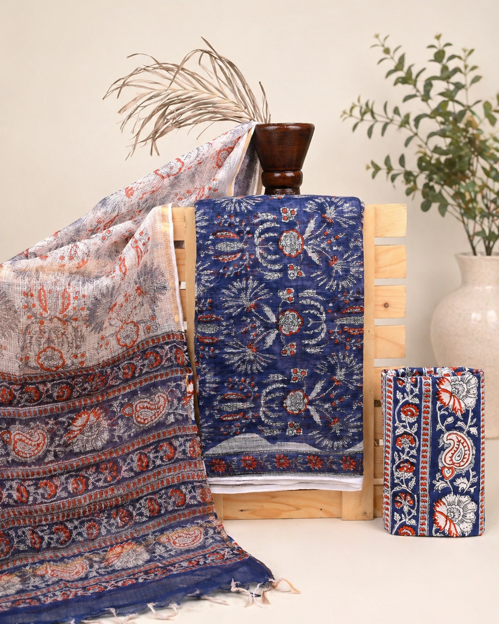 Hand-block Printed Kota Doria 3pc Unstitched Dress Material