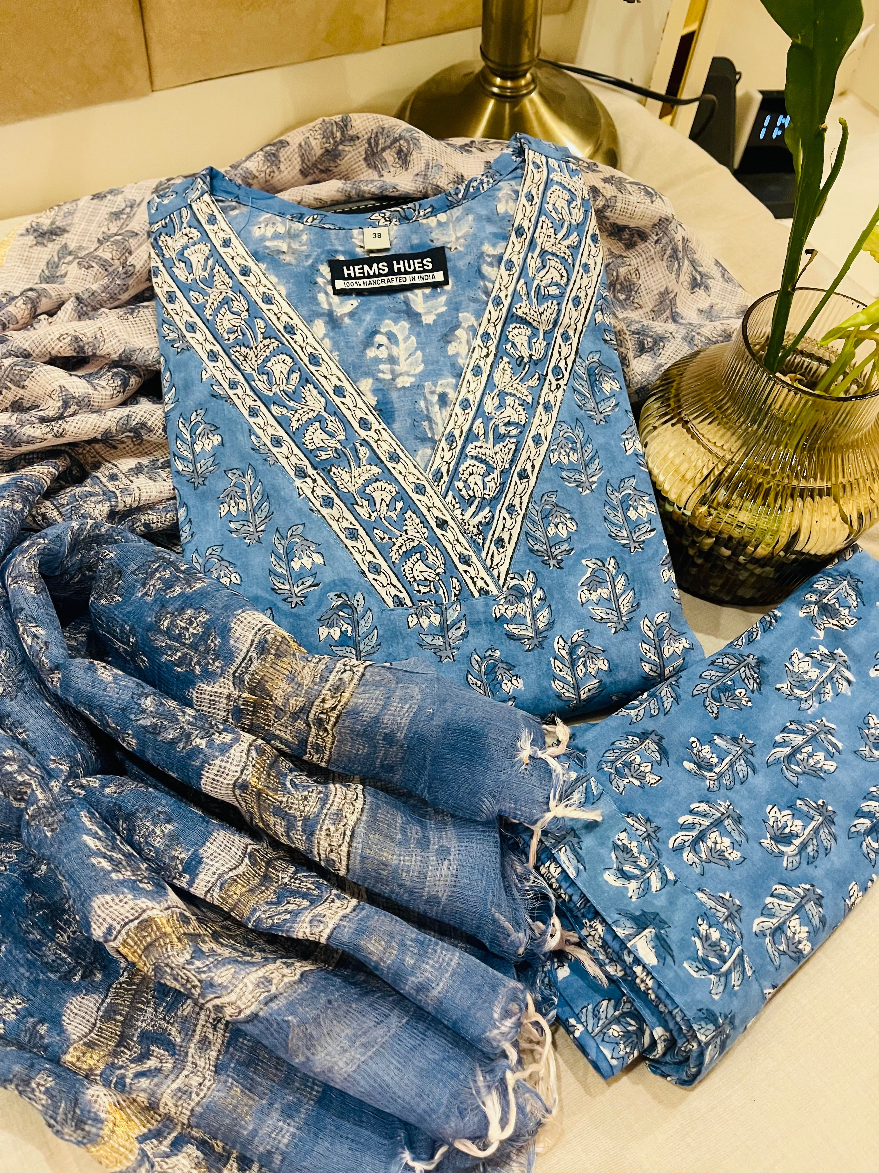 Hand-block  Printed Cotton Set With Kota Doria Dupatta 3pc Ready-to-wear