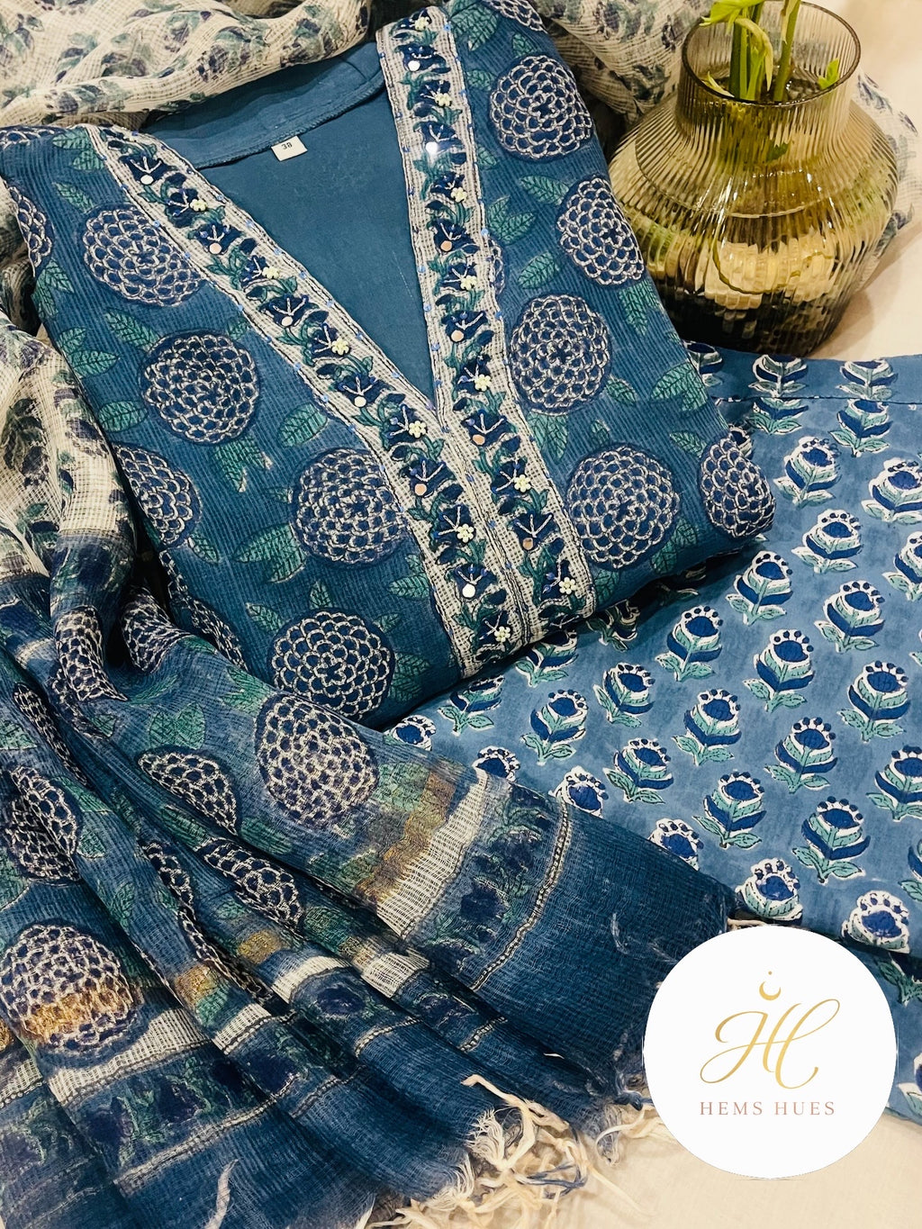Hand-block Printed Kota Doria 3pc Set Ready-to-wear