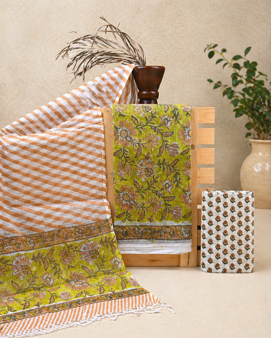 Hand-block Printed Kota Doria 3pc Unstitched Dress Material