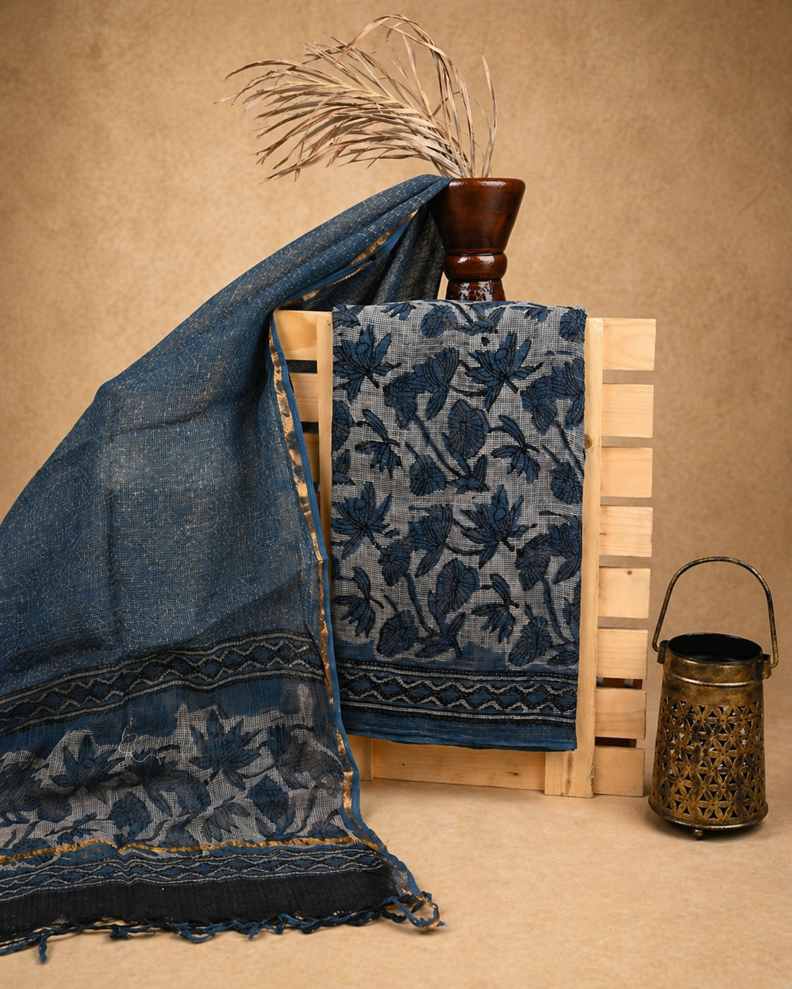 Hand-block Printed Kota Doria 3pc Unstitched Dress Material