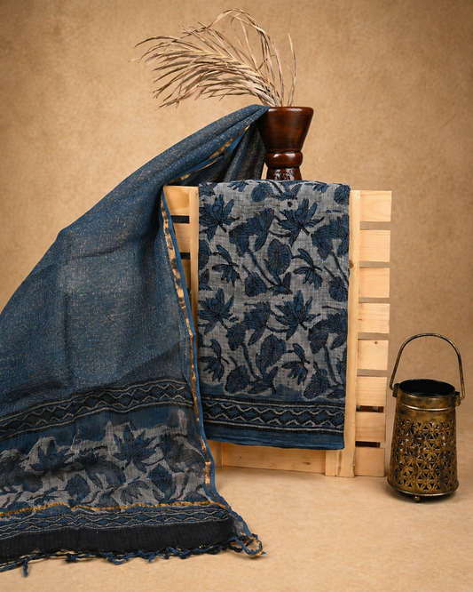 Hand-block Printed Kota Doria 3pc Unstitched Dress Material