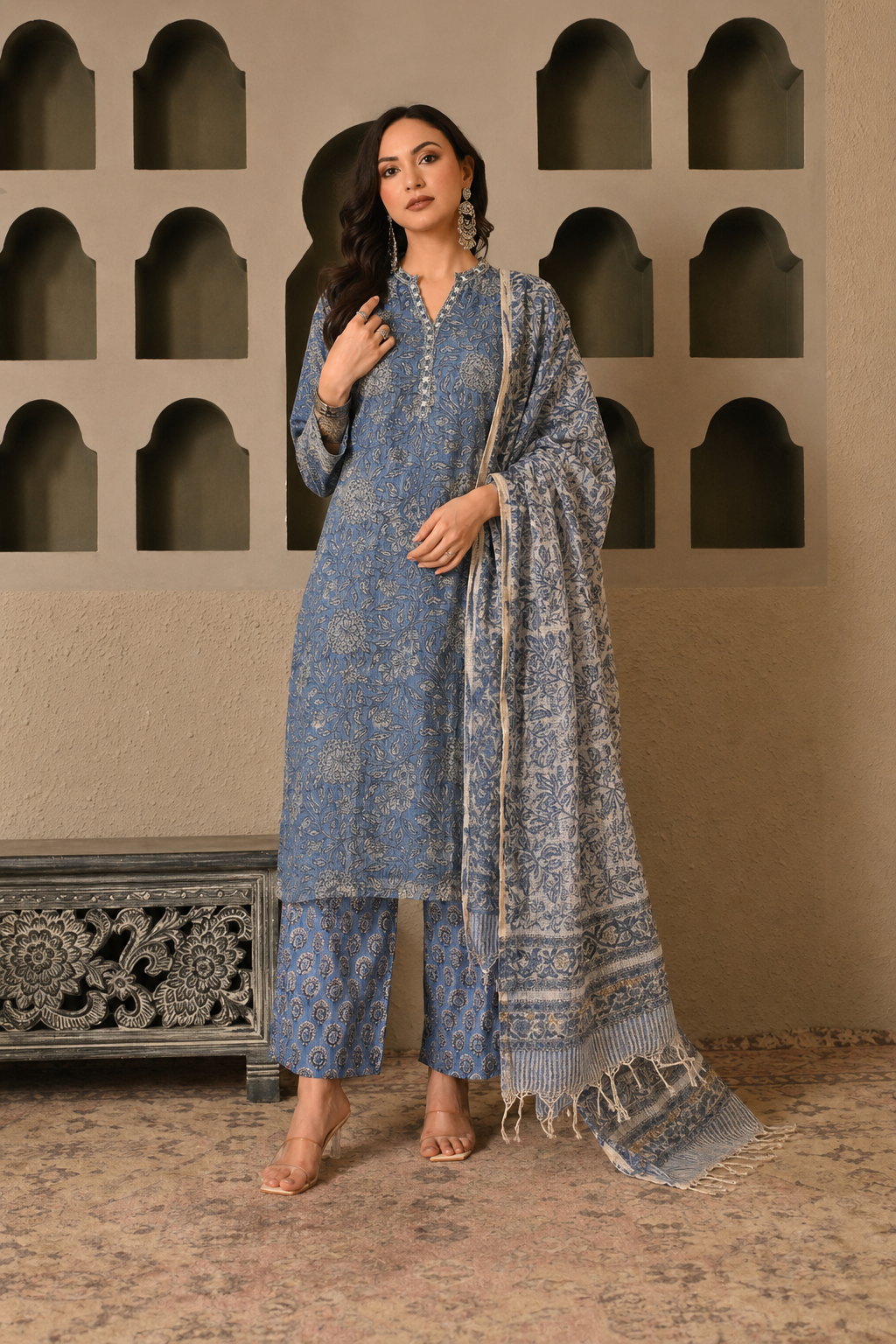 Hand-block Printed Kota Doria 3pc Ready-to-wear