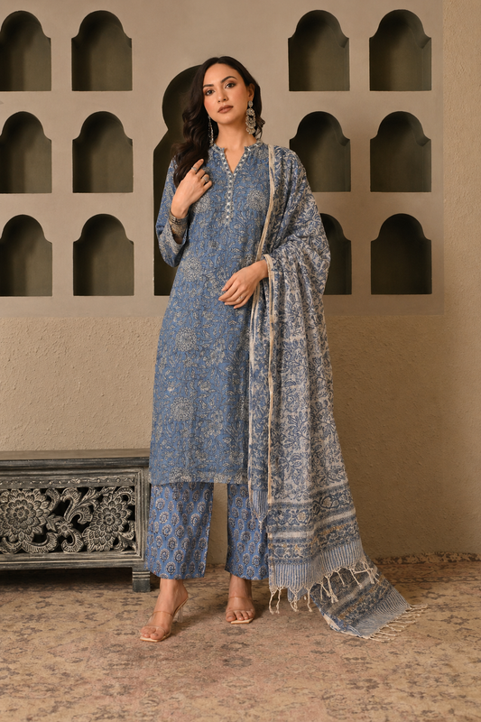 Hand-block Printed Kota Doria 3pc Ready-to-wear