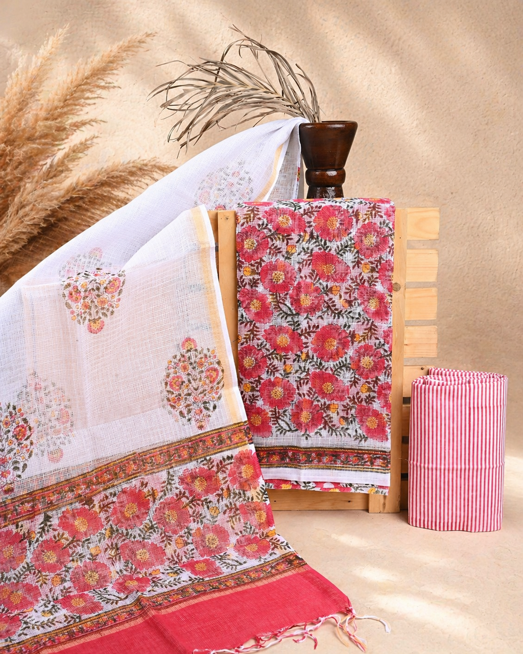 Hand-block Printed Kota Doria 3pc Unstitched Dress Material