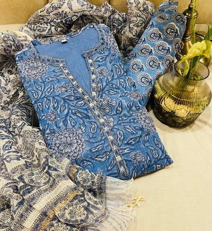 Hand-block Printed Kota Doria 3pc Ready-to-wear