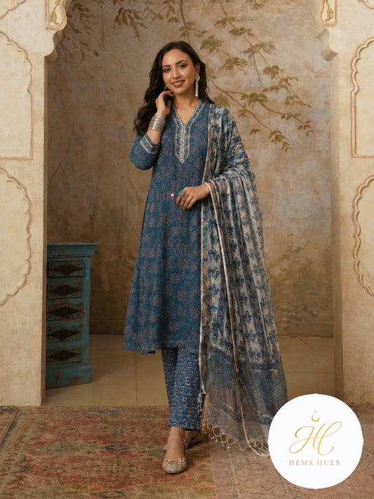Hand-block Printed Kota Doria 3pc Set Ready-to-wear