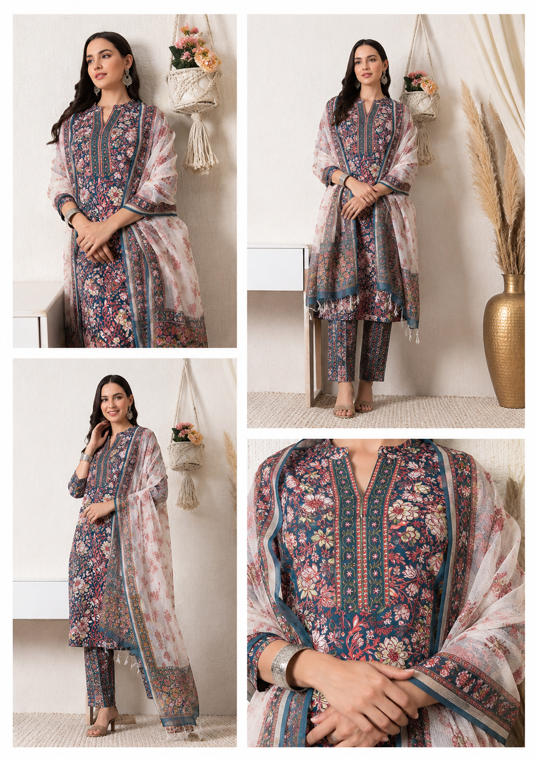 Hand-block  Printed Cotton suit Set With Kota Doria Dupatta