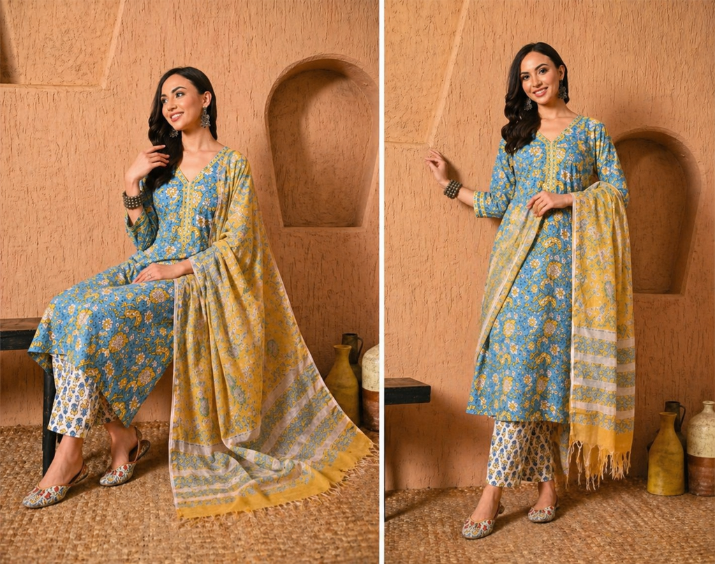 Hand-block  Printed Cotton Set With Kota Doria Dupatta 3pc Ready-to-wear