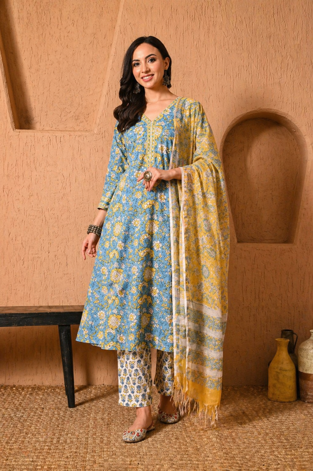 Hand-block  Printed Cotton Set With Kota Doria Dupatta 3pc Ready-to-wear