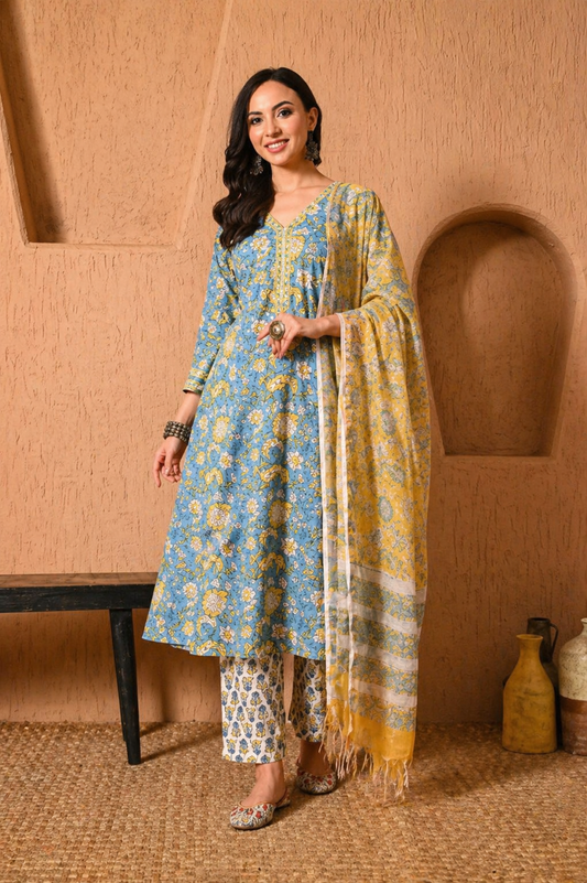 Hand-block  Printed Cotton Set With Kota Doria Dupatta 3pc Ready-to-wear