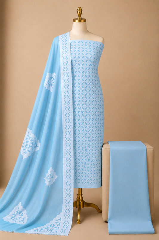 Cotton Sindhi Applique 3 pc  Unstitch Dress Material